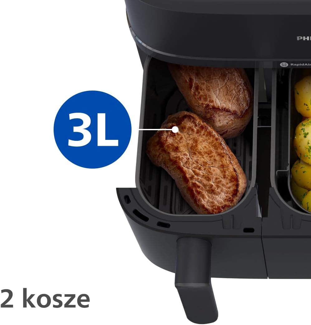 Philips Ovi Dual Basket z parą - Wyjątkowe funkcje gotowania Steamfry, Gotowania na parze, Airfry - 19 sposobów gotowania; pojemność 9L (3L + 6L), RapidAir Plus, automatyczne SteamClean (NA550/00)