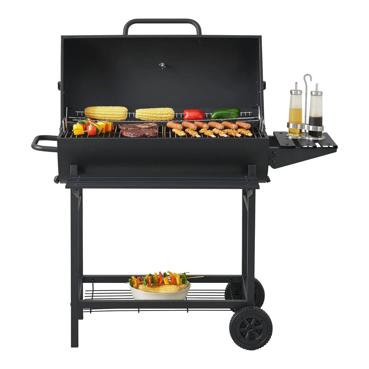 Grill węglowy Armento z 2 kółkami i termometrem, stal - czarny [casa.pro]