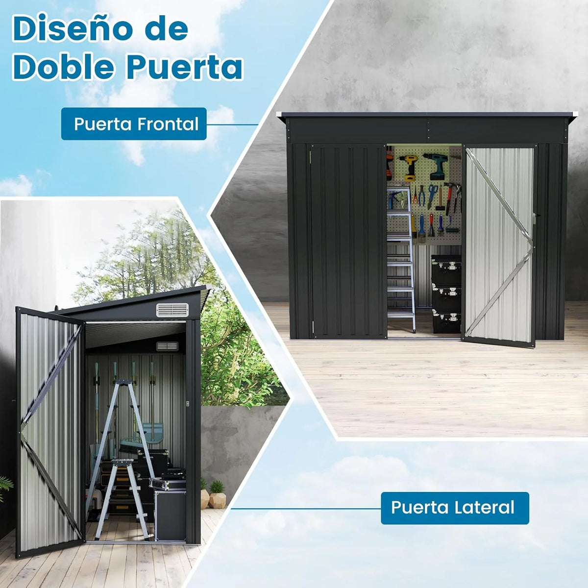 COSTWAY Szopa Ogrodowa Zewnętrzna, 235 x 117 x 185 cm, Schowek Ogrodowy Zewnętrzny z 2 Drzwiami, Pochyłym Dachem, Domek Organizator z Galwanizowanego Metalu, Organizator Narzędzi do Ogrodu na Patio