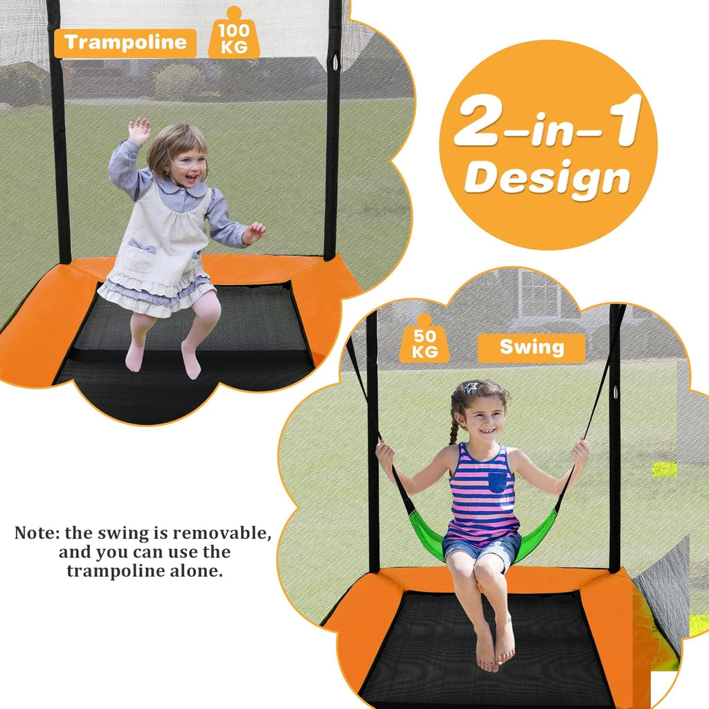 LIFEZEAL Trampolina z Huśtawką dla Dzieci, Trampolina Ogrodowa z Siatką Zabezpieczającą i Drzwiczkami, Idealna do Wewnątrz i na Zewnątrz