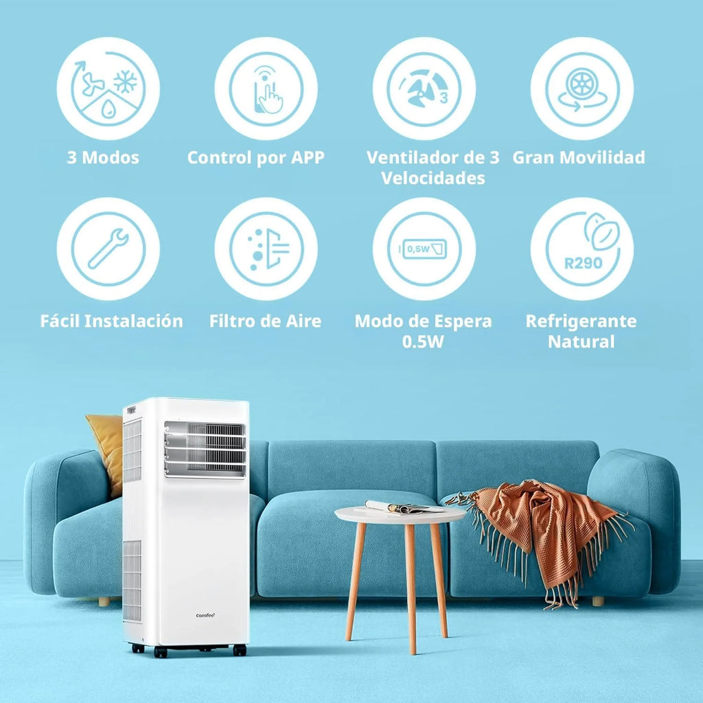 COMFEE Pingüino Przenośny Klimatyzator 9000 BTU/2300 Frigorii Breezy Cool Pro – Klimatyzator bez jednostki zewnętrznej, Niskie Zużycie Energii, Sterowanie Aplikacją i Zestaw Okienny – Chłodzi, Wentyluje i Osusza