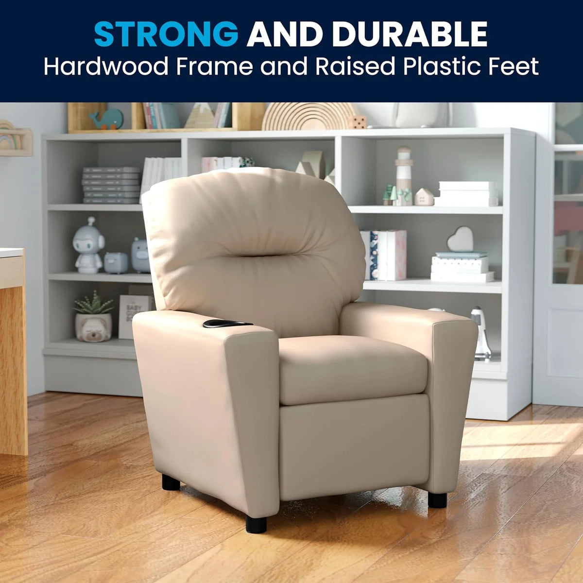 Flash Furniture Contemporary Kids Recliner with Cup Holder, Wood, Beige Vinyl, 26" x 21" x 21"