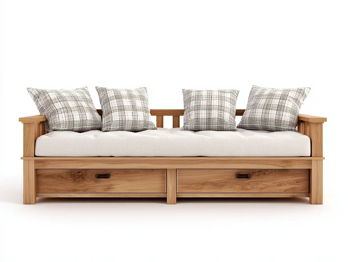Sofy rozkładane drewniane i materiałowe 210x95x85 cm - dąb naturalny - styl nowoczesny funkcjonalny