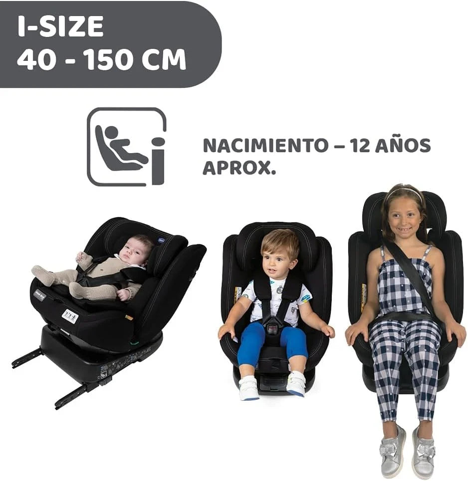 Chicco Unico EVO I'Size Classic, Fotelik Samochodowy ISOFIX dla Niemowląt i Dzieci od 40 do 150 cm, Grupa 0123 od Urodzenia do 12 Lat, Obrotowy 360°, Reduktor, Regulowany i z Ochroną Boczną, Czarny