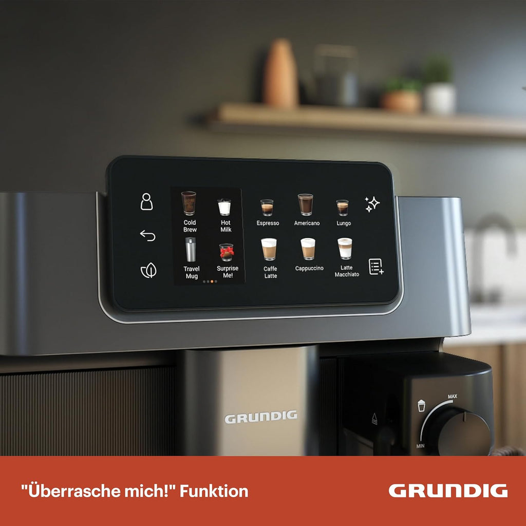 Grundig KVA 7230 ekspres do kawy, 10 specjałów do kawy, 13 stopni mielenia, pojemnik na mleko, wydajny 1350 W, ciśnienie pompy 19 bar, podwójna dysza, oświetlenie, czarny/ciemny srebrny