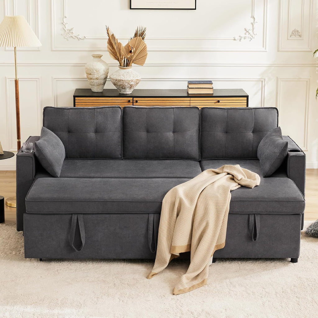 Trzyosobowa rozkładana sofa z uchwytami na kubki i boczną torbą na poręcz, sofa w kształcie litery L, z możliwością zmiany układu na prawą i lewą stronę, kolor szary