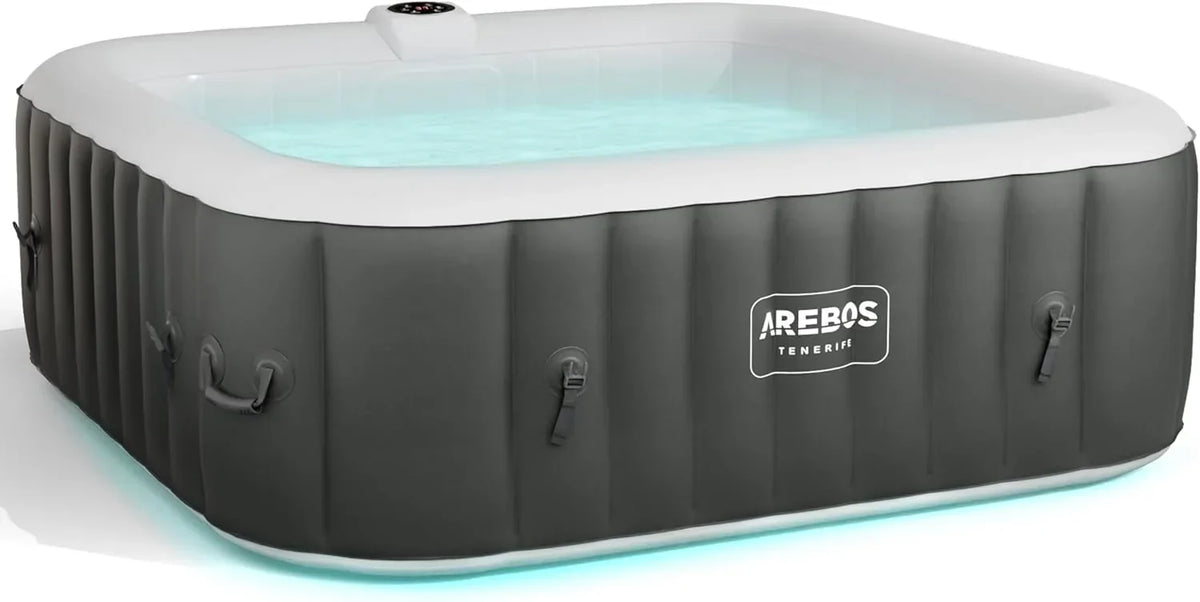 Dmuchane spa Arebos | Jacuzzi | 185 x 185 cm | dla 6 osób | świecąca taśma LED | 130 dysz masujących | 910 litrów | w zestawie pokrywa | masaż bąbelkowy i relaks
