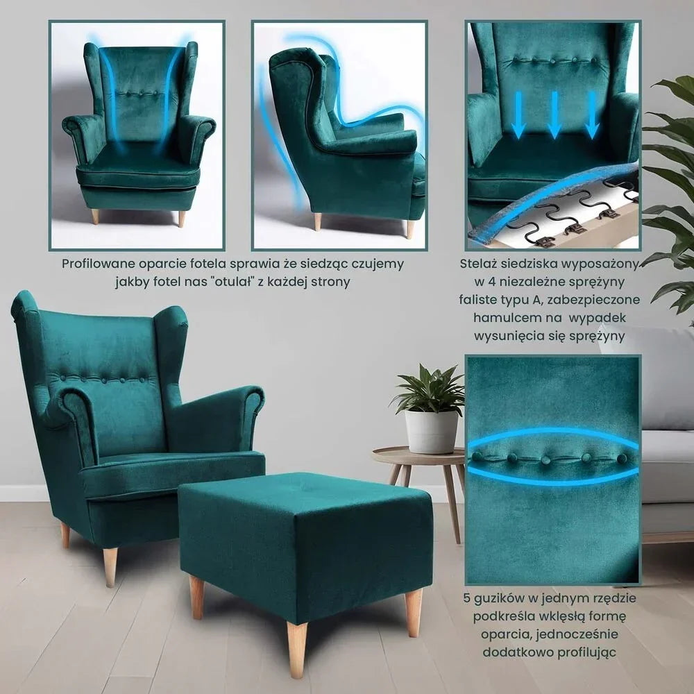 Green Jane wingback armchair with footstool