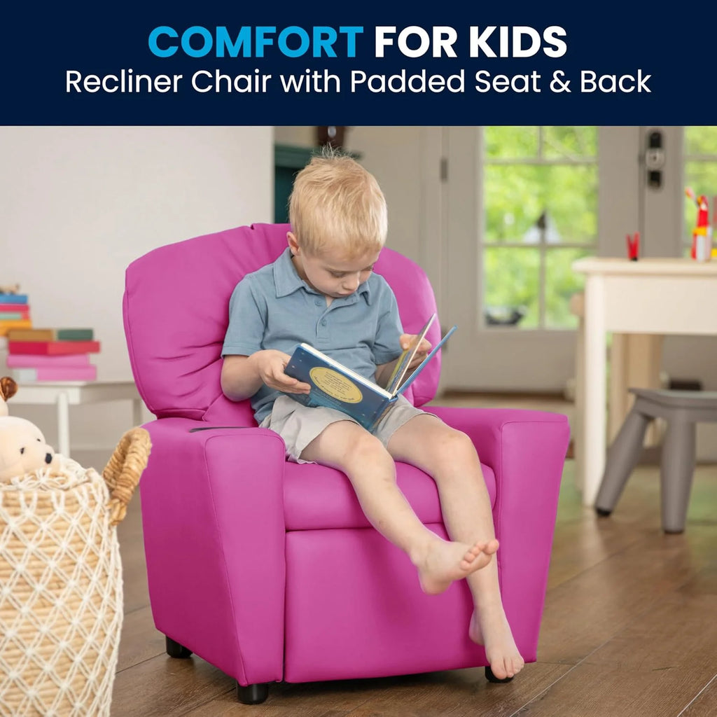 Flash Furniture Contemporary Kids Recliner with Cup Holder, Wood, Beige Vinyl, 26" x 21" x 21"