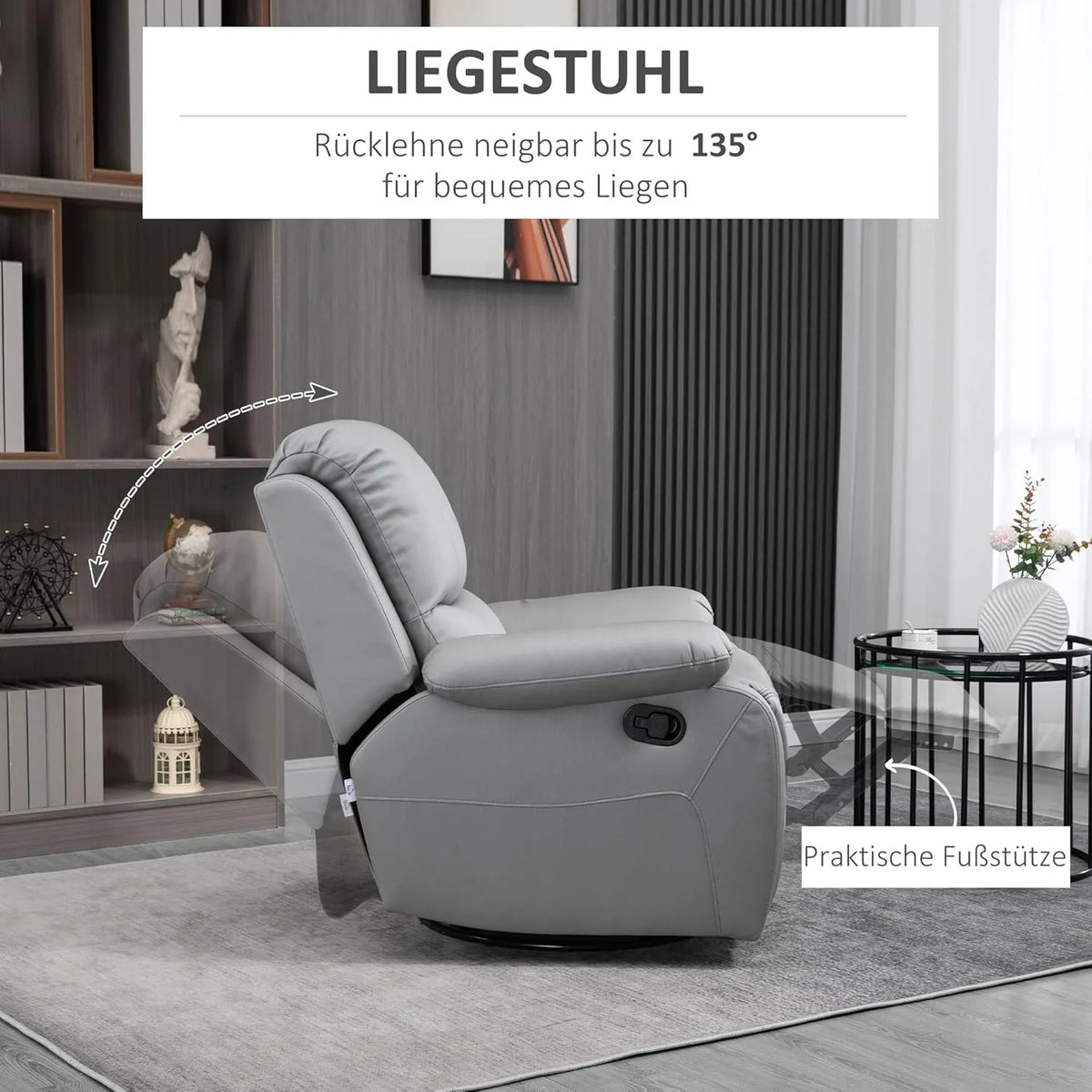 HOMCOM fotel rozkładany 135°, obrotowy fotel TV z podnóżkiem do sypialni w salonie, ładowność do 150 kg poliester zielony
