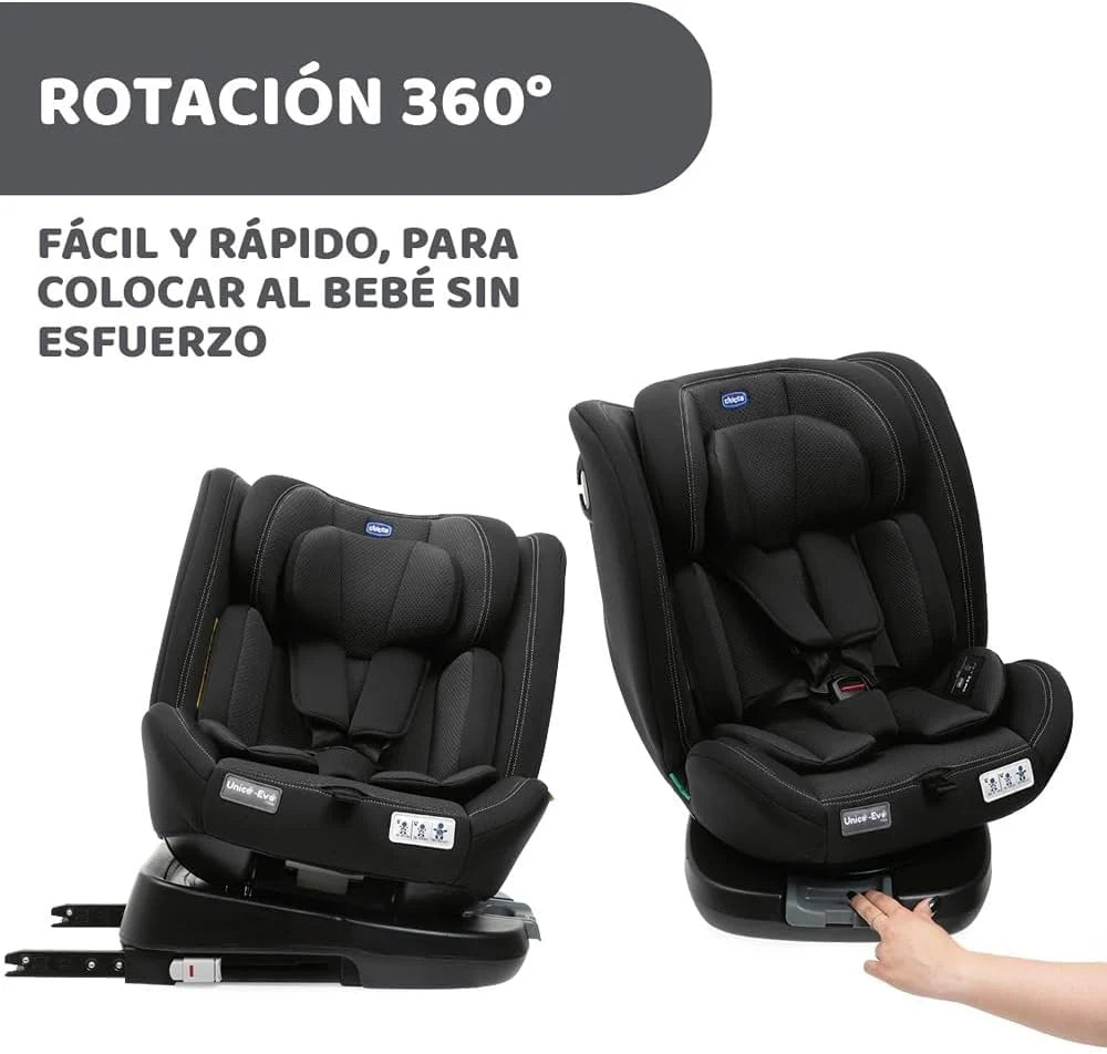 Chicco Unico EVO I'Size Classic, Fotelik Samochodowy ISOFIX dla Niemowląt i Dzieci od 40 do 150 cm, Grupa 0123 od Urodzenia do 12 Lat, Obrotowy 360°, Reduktor, Regulowany i z Ochroną Boczną, Czarny