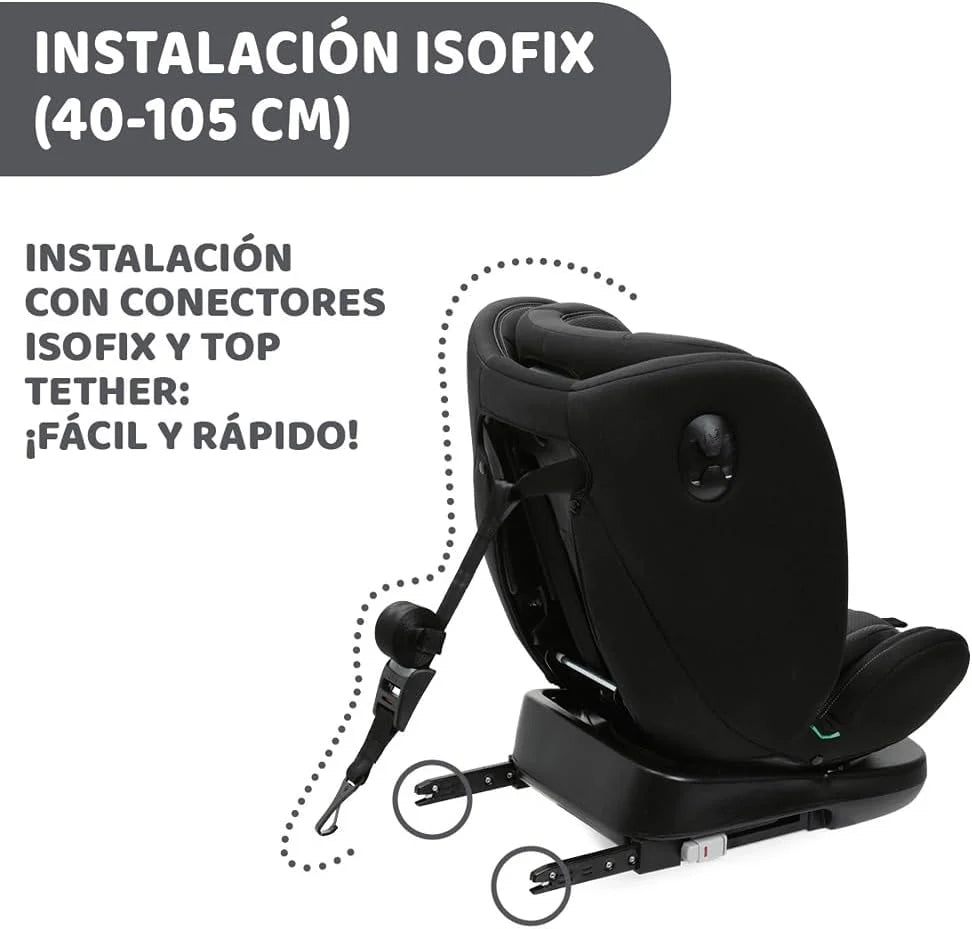 Chicco Unico EVO I'Size Classic, Fotelik Samochodowy ISOFIX dla Niemowląt i Dzieci od 40 do 150 cm, Grupa 0123 od Urodzenia do 12 Lat, Obrotowy 360°, Reduktor, Regulowany i z Ochroną Boczną, Czarny