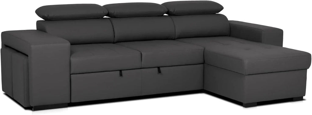 BUDWING John Narożna Sofa Rozkładana 4-osobowa - Odwracalny Szezlong, Regulowany Zagłówek i 2 Pufy – Tapicerka Poliuretanowa – Styl Nowoczesny – 263x161x96 cm – Czarna