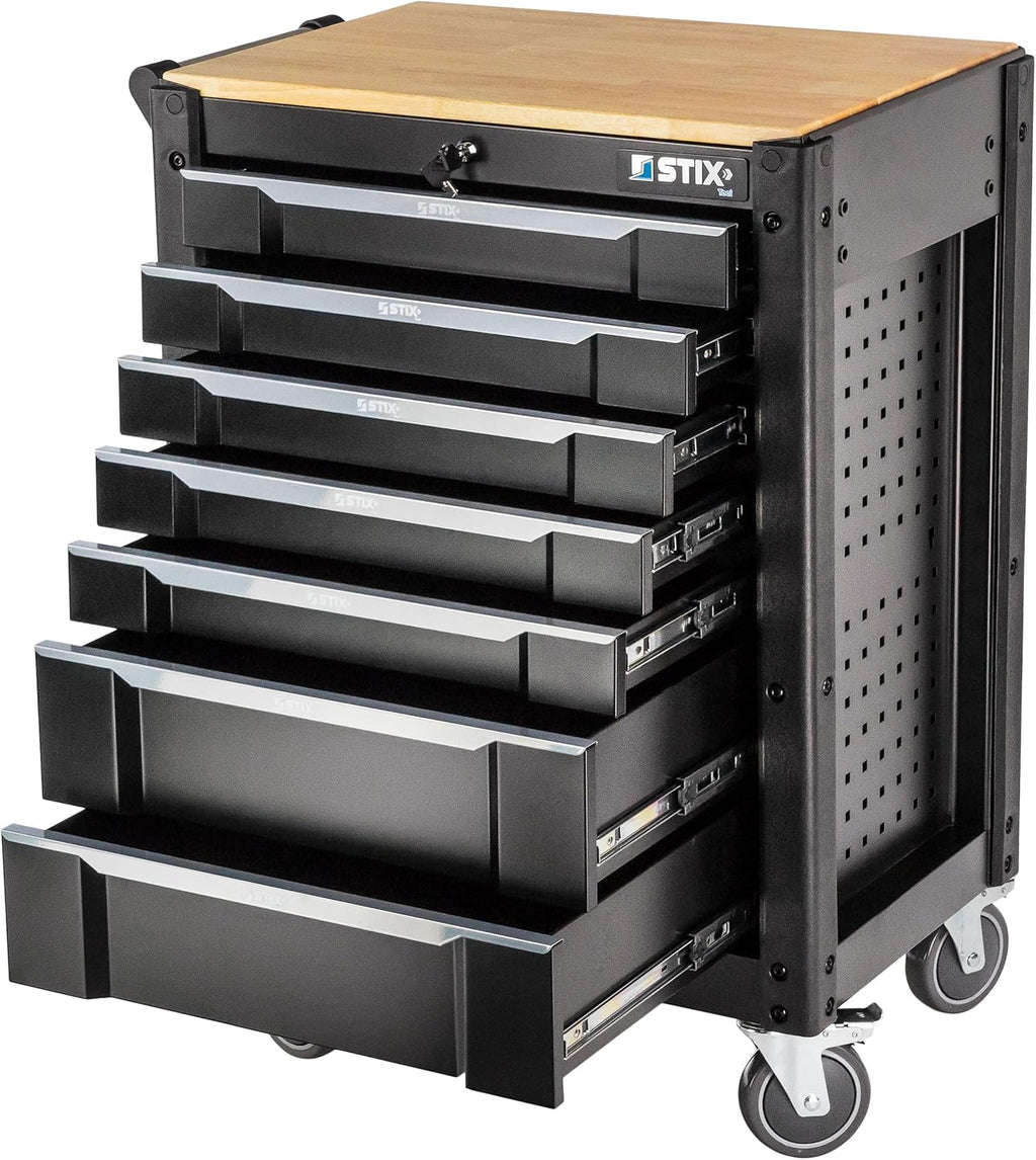 Stix UltimatePro C7/TS1 - Wózek narzędziowy z 267 elementami Cr-V - Zestaw narzędzi, wózek narzędziowy na kółkach, szuflady z łożyskami kulkowymi, blat drewniany