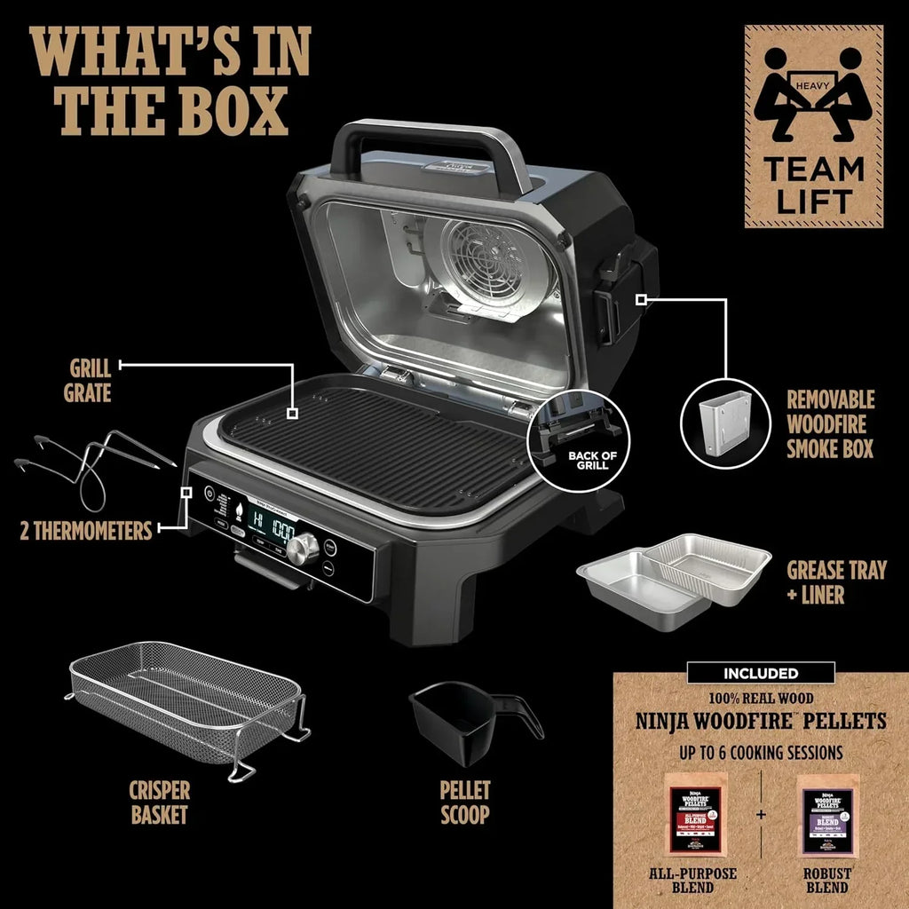 Ninja Woodfire Pro XL Grill i Wędzarnia Zewnętrzna, termometr, master grill 4 w 1, grill wędzarniczy, zewnętrzna frytownica powietrzna, piekarnik, przenośny, grill elektryczny, ciemnoszary, model OG850, 2026